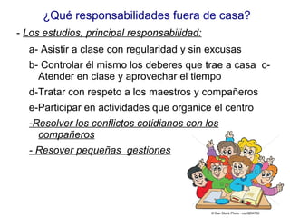 ¿Qué responsabilidades fuera de casa?
- Los estudios, principal responsabilidad:
a- Asistir a clase con regularidad y sin excusas
b- Controlar él mismo los deberes que trae a casa c-
Atender en clase y aprovechar el tiempo
d-Tratar con respeto a los maestros y compañeros
e-Participar en actividades que organice el centro
-Resolver los conflictos cotidianos con los
compañeros
- Resover pequeñas gestiones
 