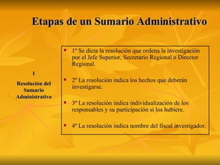Etapas de un Sumario Administrativo 1º Se dicta la resolución que ordena la investigación por el Jefe Superior, Secretario Regional o Director Regional. 2º La resolución indica los hechos que deberán investigarse. 3º La resolución indica individualización de los responsables y su participación si los hubiere. 4º La resolución indica nombre del fiscal investigador. I Resolución del Sumario Administrativo 