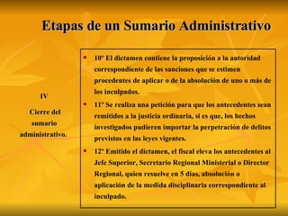 Etapas de un Sumario Administrativo 10º El dictamen contiene la proposición a la autoridad correspondiente de las sanciones que se estimen procedentes de aplicar o de la absolución de uno o más de los inculpados. 11º Se realiza una petición para que los antecedentes sean remitidos a la justicia ordinaria, si es que, los hechos investigados pudieren importar la perpetración de delitos previstos en las leyes vigentes. 12º Emitido el dictamen, el fiscal eleva los antecedentes al Jefe Superior, Secretario Regional Ministerial o Director Regional, quien resuelve en 5 días, absolución o aplicación de la medida disciplinaria correspondiente al inculpado. IV Cierre del sumario administrativo.   