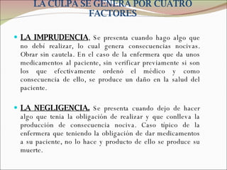 LA CULPA SE GENERA POR CUATRO FACTORES LA IMPRUDENCIA , Se presenta cuando hago algo que no debí realizar, lo cual genera consecuencias nocivas. Obrar sin cautela. En el caso de la enfermera que da unos medicamentos al paciente, sin verificar previamente si son los que efectivamente ordenó el médico y como consecuencia de ello, se produce un daño en la salud del paciente. LA NEGLIGENCIA.  Se presenta cuando dejo de hacer algo que tenia la obligación de realizar y que conlleva la producción de consecuencia nociva. Caso típico de la enfermera que teniendo la obligación de dar medicamentos a su paciente, no lo hace y producto de ello se produce su muerte. 