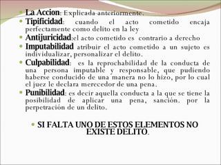 La Accion : Explicada anteriormente. Tipificidad : cuando el acto cometido encaja perfectamente como delito en la ley  Antijuricidad :el acto cometido es  contrario a derecho  Imputabilidad  atribuir el acto cometido a un sujeto es individualizar, personalizar el delito. Culpabilidad :  es la reprochabilidad de la conducta de una  persona imputable y responsable, que pudiendo haberse conducido de una manera no lo hizo, por lo cual el juez le declara merecedor de una pena.  Punibilidad : es decir aquella conducta a la que se tiene la posibilidad de aplicar una pena, sanción. por la perpetración de un delito.    SI FALTA UNO DE ESTOS ELEMENTOS NO EXISTE DELITO . 