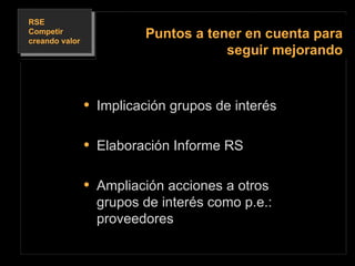 Implicación grupos de interés Elaboración Informe RS Ampliación acciones a otros grupos de interés como p.e.: proveedores Puntos a tener en cuenta para seguir mejorando 
