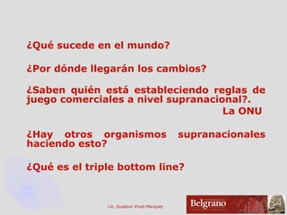 ¿Qué sucede en el mundo? ¿Por dónde llegarán los cambios? ¿Saben quién está estableciendo reglas de juego comerciales a nivel supranacional?. La ONU  ¿Hay otros organismos supranacionales haciendo esto? ¿Qué es el triple bottom line? 