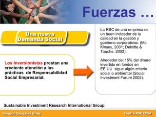 Los Inversionistas  prestan una creciente atención a las prácticas  de Responsabilidad Social Empresarial. La RSC de una empresa es un buen indicador de la calidad en la gestión y gobierno corporativos. (Mc Kinsey, 2001; Deloitte & Touche, 2002).  Alrededor del 15% del dinero invertido en fondos en EE.UU. sigue algún criterio social o ambiental (Social Investment Forum 2002). Fuerzas … 