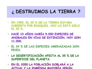 ¿  DESTRUIMOS LA TIERRA ? EN 1950, EL 30  %  DE LA TIERRA ESTABA CUBIERTA POR BOSQUES ,  HOY LO ESTÁ SÓLO EL 20  %. HACE 10 AÑOS HABÍA 5.000 ESPECIES  DE  ANIMALES EN VÍAS DE EXTINCIÓN, HOY SON 11.000. EL 34  %  DE LAS ESPECIES AMENAZADAS SON PECES . LA DESERTIFICACIÓN AFECTA AL 35  %  DE LA SUPERFICIE DEL   PLANETA.   EN EL 2050 LA POBLACIÓN DOBLARÁ A LA ACTUAL Y LA INMENSA MAYORÍA SERÁN  P OBRES .   