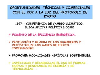 OPORTUNIDADES   TÉCNICAS Y COMERCIALES CON EL CO2 A LA LUZ DEL PROTOCOLO DE KYOTO 1997  -  CONFERENCIA DE CAMBIO CLIMÁTICO .  B USCA APLICAR   POLÍTICAS  COMO: F OMENTO DE LA EFICIENCIA ENERGÉTICA . P ROTECCIÓN Y MEJORA DE LOS SUMIDEROS Y DEPÓSITOS DE LOS GASES DE EFECTO INVERNADERO .   PROMOVER  MODALIDADES AGRÍCOLAS SOSTENIBLES .  INVESTIGA R Y  DESARROLL AR  EL USO DE FORMAS NUEVAS Y RENOVABLES DE ENERGÍA  Y  DE TECNOLOGÍAS  . 
