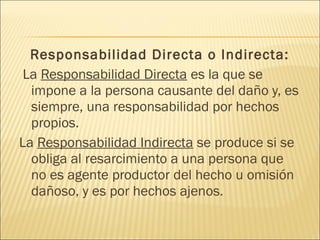 Responsabilidad Directa o Indirecta:
 La Responsabilidad Directa es la que se
impone a la persona causante del daño y, es
siempre, una responsabilidad por hechos
propios.
La Responsabilidad Indirecta se produce si se
obliga al resarcimiento a una persona que
no es agente productor del hecho u omisión
dañoso, y es por hechos ajenos.
 