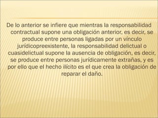 De lo anterior se infiere que mientras la responsabilidad
contractual supone una obligación anterior, es decir, se
produce entre personas ligadas por un vínculo
jurídicopreexistente, la responsabilidad delictual o
cuasidelictual supone la ausencia de obligación, es decir,
se produce entre personas jurídicamente extrañas, y es
por ello que el hecho ilícito es el que crea la obligación de
reparar el daño.
 