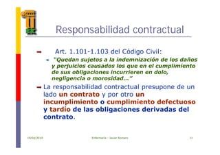 Responsabilidad contractual
Art. 1.101-1.103 del Código Civil:
“Quedan sujetos a la indemnización de los dañosQuedan sujetos a la indemnización de los daños
y perjuicios causados los que en el cumplimiento
de sus obligaciones incurrieren en dolo,
negligencia o morosidad ”negligencia o morosidad...”
La responsabilidad contractual presupone de un
lado un contrato y por otro unlado un contrato y por otro un
incumplimiento o cumplimiento defectuoso
y tardío de las obligaciones derivadas dely g
contrato.
19/04/2010 Enfermería - Javier Romero 11
 