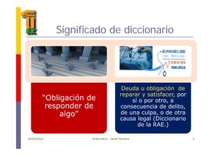 Significado de diccionario
“Obli ió d
Deuda u obligación de
reparar y satisfacer, por
“Obligación de
responder de
algo”
reparar y satisfacer, por
sí o por otro, a
consecuencia de delito,
de una culpa o de otraalgo de una culpa, o de otra
causa legal (Diccionario
de la RAE.)
19/04/2010 Enfermería - Javier Romero 2
 