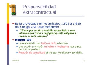 Responsabilidad
t t t lextracontractual
Es la proyectada en los artículos 1.902 a 1.910
d l Códi Ci il t bldel Código Civil, que establece:
“El que por acción u omisión causa daño a otro
interviniendo culpa o negligencia, está obligado ainterviniendo culpa o negligencia, está obligado a
reparar el daño causado”
Requisitos:
La realidad de una lesión o daño a tercero
Una acción u omisión culpable o negligente, por parte
del que la producedel que la produce
Relación de causalidad entre esa conducta y ese daño.
19/04/2010 Enfermería - Javier Romero 22
 
