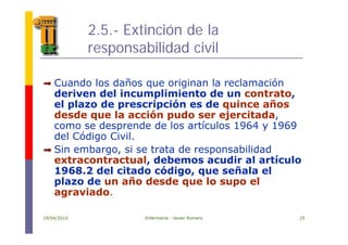 2.5.- Extinción de la
responsabilidad civil
Cuando los daños que originan la reclamación
deriven del incumplimiento de un contratoderiven del incumplimiento de un contrato,
el plazo de prescripción es de quince años
desde que la acción pudo ser ejercitada,
d d d l tí l 1964 1969como se desprende de los artículos 1964 y 1969
del Código Civil.
Sin embargo si se trata de responsabilidadSin embargo, si se trata de responsabilidad
extracontractual, debemos acudir al artículo
1968.2 del citado código, que señala el
l d ñ d d l lplazo de un año desde que lo supo el
agraviado.
19/04/2010 Enfermería - Javier Romero 25
 