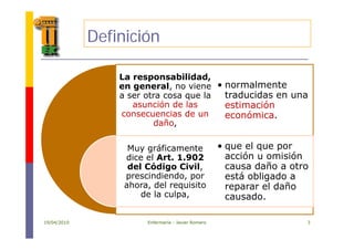 DefiniciónDefinición
La responsabilidad,
en general, no viene
a ser otra cosa que la
• normalmente
traducidas en unaa ser otra cosa que la
asunción de las
consecuencias de un
daño,
traducidas en una
estimación
económica.
daño,
Muy gráficamente • que el que por
ió i iódice el Art. 1.902
del Código Civil,
prescindiendo, por
h d l
acción u omisión
causa daño a otro
está obligado a
ahora, del requisito
de la culpa,
reparar el daño
causado.
19/04/2010 Enfermería - Javier Romero 3
 