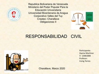 Republica Bolivariana de Venezuela
Ministerio del Poder Popular Para la
Educación Universitaria
Universidad Bicentenaria de Aragua
Corporativo Valles del Tuy
Createc- Charallave
Obligaciones II
Charallave, Marzo 2020
RESPONSABILIDAD CIVIL
Participante:
Zayma Martínez
V- 13481808
Profesor:
Irving Torres
 