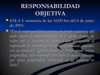 RREESSPPOONNSSAABBIILLIIDDAADD 
OOBBJJEETTIIVVAA 
 SSAALLAA II:: sseenntteenncciiaa ddee llaass 1166::0000 hhrrss ddeell 66 ddee jjuunniioo 
ddee 2000011:: 
 ““EEnn llaa rreessppoonnssaabbiilliiddaadd oobbjjeettiivvaa llaa ssiimmppllee eexxiisstteenncciiaa ddeell 
ddaaññoo rreeppuuttaa llaa rreessppoonnssaabbiilliiddaadd eenn eell aaggeennttee ddaaññiinnoo ddee 
hhaabbeerr ssiiddoo eell ccaauussaannttee ddeell ddaaññoo,, yy ppoorr ccoonnssiigguuiieennttee eell 
rreessppoonnssaabbllee ddee iinnddeemmnniizzaarr llooss ddaaññooss yy ppeerrjjuuiicciiooss ccaauussaaddooss 
ccoonn ssuu ccoonndduuccttaa.. QQuuiieenn aassuummee uunn rriieessggoo ddoonnddee eexxiissttaa 
ppeelliiggrroossiiddaadd,, ddeebbee rreessppoonnddeerr ppoorr ttooddooss lloo ddaaññooss ccaauussaaddooss 
ppoorr ddiicchhaa ppeelliiggrroossiiddaadd,, iinncclluuyyeennddoo ssii llaa ccoonndduuccttaa eess 
llíícciittaa””.. 
 