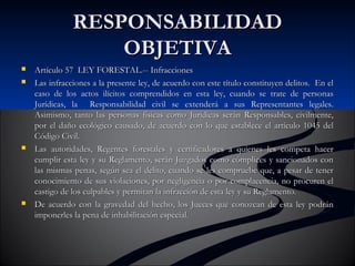 RREESSPPOONNSSAABBIILLIIDDAADD 
OOBBJJEETTIIVVAA 
 AArrttííccuulloo 5577 LLEEYY FFOORREESSTTAALL..-- IInnffrraacccciioonneess 
 LLaass iinnffrraacccciioonneess aa llaa pprreesseennttee lleeyy,, ddee aaccuueerrddoo ccoonn eessttee ttííttuulloo ccoonnssttiittuuyyeenn ddeelliittooss.. EEnn eell 
ccaassoo ddee llooss aaccttooss iillíícciittooss ccoommpprreennddiiddooss eenn eessttaa lleeyy,, ccuuaannddoo ssee ttrraattee ddee ppeerrssoonnaass 
JJuurrííddiiccaass,, llaa RReessppoonnssaabbiilliiddaadd cciivviill ssee eexxtteennddeerráá aa ssuuss RReepprreesseennttaanntteess lleeggaalleess.. 
AAssiimmiissmmoo,, ttaannttoo llaass ppeerrssoonnaass ffííssiiccaass ccoommoo JJuurrííddiiccaass sseerráánn RReessppoonnssaabblleess,, cciivviillmmeennttee,, 
ppoorr eell ddaaññoo eeccoollóóggiiccoo ccaauussaaddoo,, ddee aaccuueerrddoo ccoonn lloo qquuee eessttaabblleeccee eell aarrttííccuulloo 11004455 ddeell 
CCóóddiiggoo CCiivviill.. 
 LLaass aauuttoorriiddaaddeess,, RReeggeenntteess ffoorreessttaalleess yy cceerrttiiffiiccaaddoorreess aa qquuiieenneess lleess ccoommppeettaa hhaacceerr 
ccuummpplliirr eessttaa lleeyy yy ssuu RReeggllaammeennttoo,, sseerráánn JJuuzzggaaddooss ccoommoo ccóómmpplliicceess yy ssaanncciioonnaaddooss ccoonn 
llaass mmiissmmaass ppeennaass,, sseeggúúnn sseeaa eell ddeelliittoo,, ccuuaannddoo ssee lleess ccoommpprruueebbee qquuee,, aa ppeessaarr ddee tteenneerr 
ccoonnoocciimmiieennttoo ddee ssuuss vviioollaacciioonneess,, ppoorr nneegglliiggeenncciiaa oo ppoorr ccoommppllaacceenncciiaa,, nnoo pprrooccuurreenn eell 
ccaassttiiggoo ddee llooss ccuullppaabblleess yy ppeerrmmiittaann llaa iinnffrraacccciióónn ddee eessttaa lleeyy yy ssuu RReeggllaammeennttoo.. 
 DDee aaccuueerrddoo ccoonn llaa ggrraavveeddaadd ddeell hheecchhoo,, llooss JJuueecceess qquuee ccoonnoozzccaann ddee eessttaa lleeyy ppooddrráánn 
iimmppoonneerrlleess llaa ppeennaa ddee iinnhhaabbiilliittaacciióónn eessppeecciiaall.. 
 
