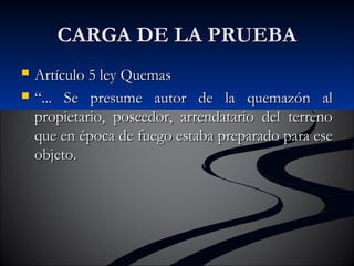 CCAARRGGAA DDEE LLAA PPRRUUEEBBAA 
 AArrttííccuulloo 55 lleeyy QQuueemmaass 
 ““...... SSee pprreessuummee aauuttoorr ddee llaa qquueemmaazzóónn aall 
pprrooppiieettaarriioo,, ppoosseeeeddoorr,, aarrrreennddaattaarriioo ddeell tteerrrreennoo 
qquuee eenn ééppooccaa ddee ffuueeggoo eessttaabbaa pprreeppaarraaddoo ppaarraa eessee 
oobbjjeettoo.. 
 