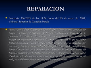 RREEPPAARRAACCIIOONN 
 SSeenntteenncciiaa 336666--22000033 ddee llaass 1111::5544 hhoorraass ddeell 0055 ddee mmaayyoo ddee 22000033,, 
TTrriibbuunnaall SSuuppeerriioorr ddee CCaassaacciióónn PPeennaall:: 
 ““PPeennssaarr qquuee eell ddeebbeerr ddee pprrootteecccciióónn ddeell ssuueelloo ffoorreessttaall ¾yy ddee oottrrooss eelleemmeennttooss ddeell 
bboossqquuee¾ tteerrmmiinnaa ppoorr ccuuaallqquuiieerraa ddee llooss hheecchhooss iinnddiiccaaddooss,, ssee ttrraadduucciirrííaa eenn llaa 
pprroommoocciióónn ddee aaccttiivviiddaaddeess iillíícciittaass lleessiivvaass ddeell mmeeddiioo aammbbiieennttee,, ppaarraa ssuussttiittuuiirr llaa 
eeccoollooggííaa ppoorr eexxpplloottaacciioonneess aaggrrííccoollaass oo ddee oottrraa nnaattuurraalleezzaa,, ccoonn lloo qquuee nnoo hhaabbrrííaa 
pprrootteecccciióónn vveerrddaaddeerraa;; eess ddeecciirr,, eell eessppaacciioo ooccuuppaaddoo ppoorr llooss bboossqquueess eess iirrrreedduuccttiibbllee ppoorr 
eessaass vvííaass ((pprriinncciippiioo ddee iirrrreedduuccttiibbiilliiddaadd ddeell bboossqquuee)).. DDee eessttee mmooddoo,, ccuuaallqquuiieerraa qquuee 
lleessiioonnee eell bboossqquuee ccoonn ttaallaa oo iinncceennddiiooss ccoonn eell pprrooppóóssiittoo ddee ccaammbbiiaarr eell ddeessttiinnoo ddeell 
tteerrrreennoo,, oo ccuuaallqquuiieerraa qquuee pprreetteennddaa oobbtteenneerr pprroovveecchhoo ddee ddeessaassttrreess nnaattuurraalleess qquuee ddaaññeenn 
eell ssuueelloo ffoorreessttaall,, ddeebbee ccoommpprreennddeerr qquuee nnoo hhaayy ffoorrmmaa ppoossiibbllee ddee ccaammbbiiaarr eell ddeessttiinnoo ddeell 
ssuueelloo,, yy qquuee eell EEssttaaddoo hhaarráá ccuuaannttoo sseeaa ppaarraa rreeccuuppeerraarr eell bboossqquuee”” 
 