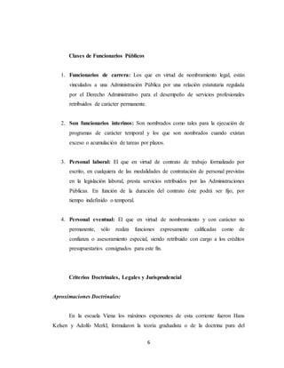 6
Clases de Funcionarios Públicos
1. Funcionarios de carrera: Los que en virtud de nombramiento legal, están
vinculados a una Administración Pública por una relación estatutaria regulada
por el Derecho Administrativo para el desempeño de servicios profesionales
retribuidos de carácter permanente.
2. Son funcionarios interinos: Son nombrados como tales para la ejecución de
programas de carácter temporal y los que son nombrados cuando existan
exceso o acumulación de tareas por plazos.
3. Personal laboral: El que en virtud de contrato de trabajo formalizado por
escrito, en cualquiera de las modalidades de contratación de personal previstas
en la legislación laboral, presta servicios retribuidos por las Administraciones
Públicas. En función de la duración del contrato éste podrá ser fijo, por
tiempo indefinido o temporal.
4. Personal eventual: El que en virtud de nombramiento y con carácter no
permanente, sólo realiza funciones expresamente calificadas como de
confianza o asesoramiento especial, siendo retribuido con cargo a los créditos
presupuestarios consignados para este fin.
Criterios Doctrinales, Legales y Jurisprudencial
Aproximaciones Doctrinales:
En la escuela Viena los máximos exponentes de esta corriente fueron Hans
Kelsen y Adolfo Merkl, formularon la teoría gradualista o de la doctrina pura del
 