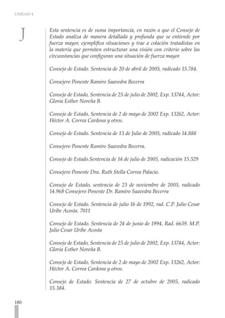 UNIDAD 4



           Esta sentencia es de suma importancia, en razón a que el Consejo de
           Estado analiza de manera detallada y profunda que se entiende por
           fuerza mayor, ejemplifica situaciones y trae a colación tratadistas en
           la materia que permiten estructurar una visión con criterio sobre las
           circunstancias que configuran una situación de fuerza mayor.

           Consejo de Estado. Sentencia de 20 de abril de 2005, radicado 15.784.

           Consejero Ponente Ramiro Saavedra Becerra

           Consejo de Estado, Sentencia de 25 de julio de 2002, Exp. 13744, Actor:
           Gloria Esther Noreña B.

           Consejo de Estado, Sentencia de 2 de mayo de 2002 Exp. 13262, Actor:
           Héctor A. Correa Cardona y otros.

           Consejo de Estado. Sentencia de 13 de Julio de 2005, radicado 14.888

           Consejero Ponente Ramiro Saavedra Becerra.

           Consejo de Estado.Sentencia de 14 de julio de 2005, radicación 15.529

           Consejero Ponente Dra. Ruth Stella Correa Palacio.

           Consejo de Estado, sentencia de 23 de noviembre de 2005, radicado
           14.968 Consejero Ponente Dr. Ramiro Saavedra Becerra

           Consejo de Estado. Sentencia de julio 16 de 1992, rad. C.P. Julio Cesar
           Uribe Acosta. 7011

           Consejo de Estado. Sentencia de 24 de junio de 1994, Rad. 6639. M.P.
           Julio Cesar Uribe Acosta

           Consejo de Estado, Sentencia de 25 de julio de 2002, Exp. 13744, Actor:
           Gloria Esther Noreña B.

           Consejo de Estado, Sentencia de 2 de mayo de 2002 Exp. 13262, Actor:
           Héctor A. Correa Cardona y otros.

           Consejo de Estado. Sentencia de 27 de octubre de 2005, radicado
           15.384.

180
 