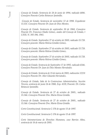 UNIDAD 3
158
Consejo de Estado. Sentencia de 28 de junio de 1994, radicado 6806.
Consejero Ponente Carlos Betancur Jaramillo.
Consejo de Estado. Sentencia de noviembre 12 de 1998. Expediente
13.531. Consejero Ponente Dr. Juan de Dios Montes.
Consejo de Estado. Sentencia de septiembre 30 de 1960, Consejero
Ponente Dr. Francisco Eladio Gómez, anales del Consejo de Estado, t
LXIII, N. 392-396, 1961.
Consejo de Estado. Septiembre 27 de octubre de 2005, radicado 15.728.
Consejero ponente: María Helena Giraldo Gómez.
Consejo de Estado. Septiembre 27 de octubre de 2005, radicado 15.728.
Consejero ponente: María Helena Giraldo Gómez.
Consejo de Estado. Septiembre 27 de octubre de 2005, radicado 15.728.
Consejero ponente: María Helena Giraldo Gómez.
Consejo de Estado. Sentencia de Septiembre 17 de 1992, radicado 6546.
Consejero Ponente Dr. Juan de Dios Montes Hernández
Consejo de Estado. Sentencia de 15 de marzo de 2001, radicación 12231
Consejero Ponente Dr. Alier Eduardo Hernández.
Consejo de Estado, Sala de lo Contencioso Administrativo, Sección
Tercera, sentencia de junio 14 de 1988, Exp. 4159, Ponente: Dr. Carlos
Betancur Jaramillo.
Consejo de Estado. Sentencia de 27 de octubre de 2005., radicado
15.366. Consejera Ponente Dra. María Elena Giraldo.
Consejo de Estado. Sentencia de 27 de octubre de 2005., radicado
15.366. Consejera Ponente Dra. Maria Elena Giraldo.
Corte Constitucional. Sentencia C-374 de agosto 13 de 1997.
Corte Constitucional. Sentencia C-374 de agosto 13 de 1997.
Corte Interamericana de Derechos Humanos, caso Barrios Altos,
sentencia de 14 de marzo de 2001.
 