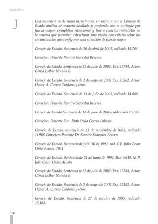 UNIDAD 4
180
Esta sentencia es de suma importancia, en razón a que el Consejo de
Estado analiza de manera detallada y profunda que se entiende por
fuerza mayor, ejemplifica situaciones y trae a colación tratadistas en
la materia que permiten estructurar una visión con criterio sobre las
circunstancias que configuran una situación de fuerza mayor.
Consejo de Estado. Sentencia de 20 de abril de 2005, radicado 15.784.
Consejero Ponente Ramiro Saavedra Becerra
Consejo de Estado, Sentencia de 25 de julio de 2002, Exp. 13744, Actor:
Gloria Esther Noreña B.
Consejo de Estado, Sentencia de 2 de mayo de 2002 Exp. 13262, Actor:
Héctor A. Correa Cardona y otros.
Consejo de Estado. Sentencia de 13 de Julio de 2005, radicado 14.888
Consejero Ponente Ramiro Saavedra Becerra.
Consejo de Estado.Sentencia de 14 de julio de 2005, radicación 15.529
Consejero Ponente Dra. Ruth Stella Correa Palacio.
Consejo de Estado, sentencia de 23 de noviembre de 2005, radicado
14.968 Consejero Ponente Dr. Ramiro Saavedra Becerra
Consejo de Estado. Sentencia de julio 16 de 1992, rad. C.P. Julio Cesar
Uribe Acosta. 7011
Consejo de Estado. Sentencia de 24 de junio de 1994, Rad. 6639. M.P.
Julio Cesar Uribe Acosta
Consejo de Estado, Sentencia de 25 de julio de 2002, Exp. 13744, Actor:
Gloria Esther Noreña B.
Consejo de Estado, Sentencia de 2 de mayo de 2002 Exp. 13262, Actor:
Héctor A. Correa Cardona y otros.
Consejo de Estado. Sentencia de 27 de octubre de 2005, radicado
15.384.
 