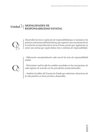 MODALIDADES DE RESPONSABILIDAD ESTATAL
53
MODALIDADES DE
RESPONSABILIDAD ESTATAL
Desarrollar las tesis o regímenes de responsabilidad que se manejan en la
práctica contenciosa administrativa y que suponen una concatenación de
la evolución jurisprudencial en torno al tema, puesto que, legalmente no
existe una norma que regule dichas tesis o sistemas de responsabilidad.
- Diferenciar conceptualmente cada una de las tesis de responsabilidad
estatal.
- Determinar cual ha sido los cambios suscitados en las concepciones de
cada régimen de acuerdo con los precedentes jurisprudenciales.
- Analizar los fallos del Consejo de Estado que relacionen situaciones de
la vida práctica en torno al tema a desarrollar.
Unidad3
 