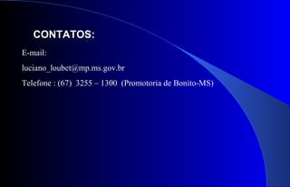 E-mail:  [email_address] Telefone : (67)  3255 – 1300  (Promotoria de Bonito-MS) CONTATOS: 