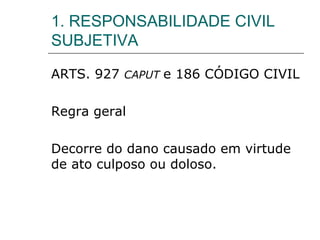 1. RESPONSABILIDADE CIVIL
SUBJETIVA
ARTS. 927 CAPUT e 186 CÓDIGO CIVIL
Regra geral
Decorre do dano causado em virtude
de ato culposo ou doloso.
 