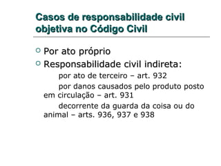 Casos de responsabilidade civilCasos de responsabilidade civil
objetiva no Código Civilobjetiva no Código Civil
 Por ato próprioPor ato próprio
 Responsabilidade civil indireta:Responsabilidade civil indireta:
por ato de terceiro – art. 932
por danos causados pelo produto posto
em circulação – art. 931
decorrente da guarda da coisa ou do
animal – arts. 936, 937 e 938
 