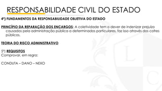 RESPONSABILIDADE CIVIL DO ESTADO
4º) FUNDAMENTOS DA RESPONSABILIDADE OBJETIVA DO ESTADO
PRINCÍPIO DA REPARAÇÃO DOS ENCARGOS: A coletividade tem o dever de indenizar prejuízo
causados pela administração pública a determinados particulares, faz isso através dos cofres
públicos.
TEORIA DO RISCO ADMINISTRATIVO
5º) REQUISITOS
Comprovar, em regra:
CONDUTA – DANO – NEXO
 