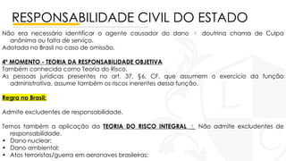 RESPONSABILIDADE CIVIL DO ESTADO
Não era necessário identificar o agente causador do dano  doutrina chama de Culpa
anônima ou falta de serviço.
Adotada no Brasil no caso de omissão.
4º MOMENTO - TEORIA DA RESPONSABILIDADE OBJETIVA
Também conhecida como Teoria do Risco.
As pessoas jurídicas presentes no art. 37, §6, CF, que assumem o exercício da função
administrativa, assume também os riscos inerentes dessa função.
Regra no Brasil;
Admite excludentes de responsabilidade.
Temos também a aplicação da TEORIA DO RISCO INTEGRAL  Não admite excludentes de
responsabilidade.
• Dano nuclear;
• Dano ambiental;
• Atos terroristas/guerra em aeronaves brasileiras;
 