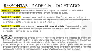 RESPONSABILIDADE CIVIL DO ESTADO
Constituição de 1946, a teoria da responsabilidade objetiva foi adotada no Brasil, com a
possibilidade de ação regressiva contra o servidor no caso de culpa.
Constituição de 1967 houve um alargamento na responsabilização das pessoas jurídicas de
direito público por atos de seus servidores. Saiu a palavra interno, passando a alcançar tanto
as entidades políticas nacionais, como as estrangeiras.
Constituição de 1988, que estendeu a responsabilidade civil objetiva às pessoas jurídicas de
direito privado, prestadoras de serviços públicos, aos serviços não essenciais, por
concessão, permissão ou autorização.
3º) SUJEITOS
Art. 37 CF. A administração pública direta e indireta de qualquer dos Poderes da União, dos
Estados, do Distrito Federal e dos Municípios obedecerá aos princípios de legalidade,
impessoalidade, moralidade, publicidade e eficiência e, também, ao seguinte:
§ 6º As pessoas jurídicas de direito público e as de direito privado prestadoras de serviços
públicos responderão pelos danos que seus agentes, nessa qualidade, causarem a terceiros,
assegurado o direito de regresso contra o responsável nos casos de dolo ou culpa.
 