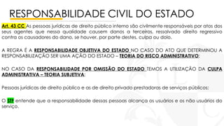 RESPONSABILIDADE CIVIL DO ESTADO
Art. 43 CC As pessoas jurídicas de direito público interno são civilmente responsáveis por atos dos
seus agentes que nessa qualidade causem danos a terceiros, ressalvado direito regressivo
contra os causadores do dano, se houver, por parte destes, culpa ou dolo.
A REGRA É A RESPONSABILIDADE OBJETIVA DO ESTADO NO CASO DO ATO QUE DETERMINOU A
RESPONSABILIZAÇÃO SER UMA AÇÃO DO ESTADO – TEORIA DO RISCO ADMINISTRATIVO;
NO CASO DA RESPONSABILIDADE POR OMISSÃO DO ESTADO TEMOS A UTILIZAÇÃO DA CULPA
ADMINISTRATIVA – TEORIA SUBJETIVA;
Pessoas jurídicas de direito público e as de direito privado prestadoras de serviços públicos;
O STF entende que a responsabilidade dessas pessoas alcança os usuários e os não usuários do
serviço.
 