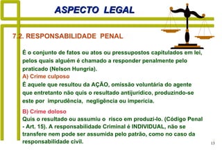 13
ASPECTO LEGALASPECTO LEGAL
B) Crime doloso
Quis o resultado ou assumiu o risco em produzi-lo. (Código Penal
- Art. 15). A responsabilidade Criminal é INDIVIDUAL, não se
transfere nem pode ser assumida pelo patrão, como no caso da
responsabilidade civil.
7.2. RESPONSABILIDADE PENAL
É o conjunto de fatos ou atos ou pressupostos capitulados em lei,
pelos quais alguém é chamado a responder penalmente pelo
praticado (Nelson Hungria).
A) Crime culposo
É aquele que resultou da AÇÃO, omissão voluntária do agente
que entretanto não quis o resultado antijurídico, produzindo-se
este por imprudência, negligência ou imperícia.
 