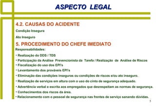 5
ASPECTO LEGALASPECTO LEGAL
• Advertência verbal e escrita aos empregados que desrespeitam as normas de segurança.
4.2. CAUSAS DO ACIDENTE
Condição Insegura
Ato Inseguro
5. PROCEDIMENTO DO CHEFE IMEDIATO
Responsabilidades:
• Fiscalização do uso dos EPI’s
• Participação da Análise Prevencionista da Tarefa / Realização de Análise de Riscos
• Realização do DDS / TDS
• Levantamento dos prováveis EPI’s
• Realização de serviços em altura com o uso do cinto de segurança adequado.
• Eliminação das condições inseguras ou condições de riscos e/ou ato inseguro.
• Conhecimentos dos riscos da área.
• Relacionamento com o pessoal de segurança nas frentes de serviço sanando dúvidas.
 
