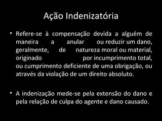 Ação Indenizatória Refere-se à compensação devida a alguém de maneira a anular ou reduzir um dano, geralmente, de natureza moral ou material, originado por incumprimento total, ou cumprimento deficiente de uma obrigação, ou através da violação de um direito absoluto. A indenização mede-se pela extensão do dano e pela relação de culpa do agente e dano causado. 