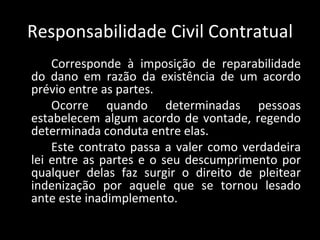 Responsabilidade Civil Contratual Corresponde à imposição de reparabilidade do dano em razão da existência de um acordo prévio entre as partes.  Ocorre quando determinadas pessoas estabelecem algum acordo de vontade, regendo determinada conduta entre elas.  Este contrato passa a valer como verdadeira lei entre as partes e o seu descumprimento por qualquer delas faz surgir o direito de pleitear indenização por aquele que se tornou lesado ante este inadimplemento. 