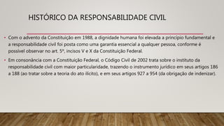 HISTÓRICO DA RESPONSABILIDADE CIVIL
• Com o advento da Constituição em 1988, a dignidade humana foi elevada a princípio fundamental e
a responsabilidade civil foi posta como uma garantia essencial a qualquer pessoa, conforme é
possível observar no art. 5º, incisos V e X da Constituição Federal.
• Em consonância com a Constituição Federal, o Código Civil de 2002 trata sobre o instituto da
responsabilidade civil com maior particularidade, trazendo o instrumento jurídico em seus artigos 186
a 188 (ao tratar sobre a teoria do ato ilícito), e em seus artigos 927 a 954 (da obrigação de indenizar).
 