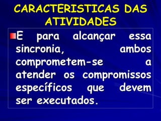CARACTERISTICAS DAS
ATIVIDADES
E para alcançar essa
sincronia, ambos
comprometem-se a
atender os compromissos
específicos que devem
ser executados.
 
