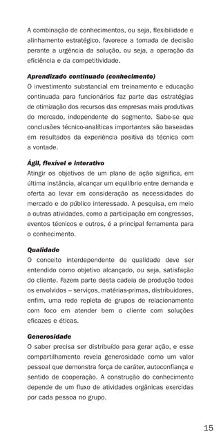 A combinação de conhecimentos, ou seja, flexibilidade e
alinhamento estratégico, favorece a tomada de decisão
perante a urgência da solução, ou seja, a operação da
eficiência e da competitividade.

Aprendizado continuado (conhecimento)
O investimento substancial em treinamento e educação
continuada para funcionários faz parte das estratégias
de otimização dos recursos das empresas mais produtivas
do mercado, independente do segmento. Sabe-se que
conclusões técnico-analíticas importantes são baseadas
em resultados da experiência positiva da técnica com
a vontade.

Ágil, flexível e interativo
Atingir os objetivos de um plano de ação significa, em
última instância, alcançar um equilíbrio entre demanda e
oferta ao levar em consideração as necessidades do
mercado e do público interessado. A pesquisa, em meio
a outras atividades, como a participação em congressos,
eventos técnicos e outros, é a principal ferramenta para
o conhecimento.

Qualidade
O conceito interdependente de qualidade deve ser
entendido como objetivo alcançado, ou seja, satisfação
do cliente. Fazem parte desta cadeia de produção todos
os envolvidos – serviços, matérias-primas, distribuidores,
enfim, uma rede repleta de grupos de relacionamento
com foco em atender bem o cliente com soluções
eficazes e éticas.

Generosidade
O saber precisa ser distribuído para gerar ação, e esse
compartilhamento revela generosidade como um valor
pessoal que demonstra força de caráter, autoconfiança e
sentido de cooperação. A construção do conhecimento
depende de um fluxo de atividades orgânicas exercidas
por cada pessoa no grupo.



                                                             15
 