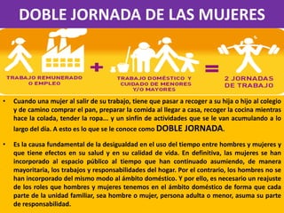 DOBLE JORNADA DE LAS MUJERES
• Cuando una mujer al salir de su trabajo, tiene que pasar a recoger a su hija o hijo al colegio
y de camino comprar el pan, preparar la comida al llegar a casa, recoger la cocina mientras
hace la colada, tender la ropa... y un sinfín de actividades que se le van acumulando a lo
largo del día. A esto es lo que se le conoce como DOBLE JORNADA.
• Es la causa fundamental de la desigualdad en el uso del tiempo entre hombres y mujeres y
que tiene efectos en su salud y en su calidad de vida. En definitiva, las mujeres se han
incorporado al espacio público al tiempo que han continuado asumiendo, de manera
mayoritaria, los trabajos y responsabilidades del hogar. Por el contrario, los hombres no se
han incorporado del mismo modo al ámbito doméstico. Y por ello, es necesario un reajuste
de los roles que hombres y mujeres tenemos en el ámbito doméstico de forma que cada
parte de la unidad familiar, sea hombre o mujer, persona adulta o menor, asuma su parte
de responsabilidad.
 