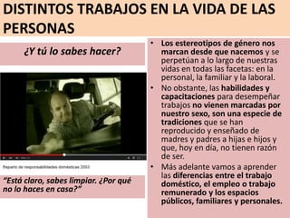 DISTINTOS TRABAJOS EN LA VIDA DE LAS
PERSONAS
“Está claro, sabes limpiar. ¿Por qué
no lo haces en casa?”
• Los estereotipos de género nos
marcan desde que nacemos y se
perpetúan a lo largo de nuestras
vidas en todas las facetas: en la
personal, la familiar y la laboral.
• No obstante, las habilidades y
capacitaciones para desempeñar
trabajos no vienen marcadas por
nuestro sexo, son una especie de
tradiciones que se han
reproducido y enseñado de
madres y padres a hijas e hijos y
que, hoy en día, no tienen razón
de ser.
• Más adelante vamos a aprender
las diferencias entre el trabajo
doméstico, el empleo o trabajo
remunerado y los espacios
públicos, familiares y personales.
¿Y tú lo sabes hacer?
 