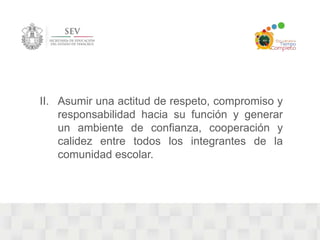 II. Asumir una actitud de respeto, compromiso y 
responsabilidad hacia su función y generar 
un ambiente de confianza, cooperación y 
calidez entre todos los integrantes de la 
comunidad escolar. 
 
