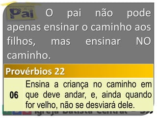 O pai não pode
apenas ensinar o caminho aos
filhos, mas ensinar NO
caminho.
Provérbios 22
06
Ensina a criança no caminho em
que deve andar, e, ainda quando
for velho, não se desviará dele.
 