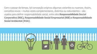 Com o passar do tempo, tal concepção originou algumas variantes ou nuances. Assim,
conceitos novos – muitas vezes complementares, distintos ou redundantes – são
usados para definir responsabilidade social, entre eles Responsabilidade Social
Corporativa (RSC), Responsabilidade Social Empresarial (RSE)e Responsabilidade
Social Ambiental (RSA).
 