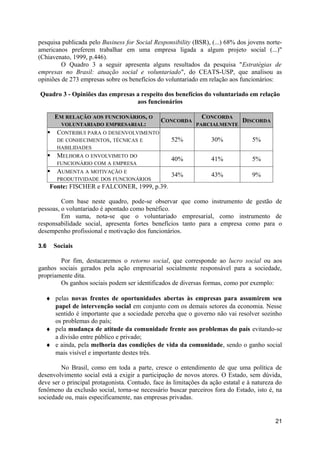 pesquisa publicada pelo Business for Social Responsibility (BSR), (...) 68% dos jovens norte-
americanos preferem trabalhar em uma empresa ligada a algum projeto social (...)"
(Chiavenato, 1999, p.446).
         O Quadro 3 a seguir apresenta alguns resultados da pesquisa "Estratégias de
empresas no Brasil: atuação social e voluntariado", do CEATS-USP, que analisou as
opiniões de 273 empresas sobre os benefícios do voluntariado em relação aos funcionários:

Quadro 3 - Opiniões das empresas a respeito dos benefícios do voluntariado em relação
                                 aos funcionários

        EM RELAÇÃO AOS FUNCIONÁRIOS, O                        CONCORDA
                                         CONCORDA                             DISCORDA
          VOLUNTARIADO EMPRESARIAL:                         PARCIALMENTE
       CONTRIBUI PARA O DESENVOLVIMENTO
         DE CONHECIMENTOS, TÉCNICAS E       52%                   30%             5%
           HABILIDADES
          MELHORA O ENVOLVIMETO DO
                                                   40%            41%             5%
           FUNCIONÁRIO COM A EMPRESA
          AUMENTA A MOTIVAÇÃO E
                                                   34%            43%             9%
           PRODUTIVIDADE DOS FUNCIONÁRIOS
      Fonte: FISCHER e FALCONER, 1999, p.39.

         Com base neste quadro, pode-se observar que como instrumento de gestão de
pessoas, o voluntariado é apontado como benéfico.
         Em suma, nota-se que o voluntariado empresarial, como instrumento de
responsabilidade social, apresenta fortes benefícios tanto para a empresa como para o
desempenho profissional e motivação dos funcionários.

3.6       Sociais

        Por fim, destacaremos o retorno social, que corresponde ao lucro social ou aos
ganhos sociais gerados pela ação empresarial socialmente responsável para a sociedade,
propriamente dita.
        Os ganhos sociais podem ser identificados de diversas formas, como por exemplo:

  ♦ pelas novas frentes de oportunidades abertas às empresas para assumirem seu
    papel de intervenção social em conjunto com os demais setores da economia. Nesse
    sentido é importante que a sociedade perceba que o governo não vai resolver sozinho
    os problemas do país;
  ♦ pela mudança de atitude da comunidade frente aos problemas do país evitando-se
    a divisão entre público e privado;
  ♦ e ainda, pela melhoria das condições de vida da comunidade, sendo o ganho social
    mais visível e importante destes três.

         No Brasil, como em toda a parte, cresce o entendimento de que uma política de
desenvolvimento social está a exigir a participação de novos atores. O Estado, sem dúvida,
deve ser o principal protagonista. Contudo, face às limitações da ação estatal e à natureza do
fenômeno da exclusão social, torna-se necessário buscar parceiros fora do Estado, isto é, na
sociedade ou, mais especificamente, nas empresas privadas.


                                                                                           21
 