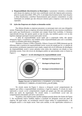 ♦ Responsabilidade discricionária ou filantrópica: é puramente voluntária e orientada
    pelo desejo da empresa em fazer uma contribuição social não imposta pela economia,
    pela lei ou pela ética (Daft, 1999, p.91). A atividade discricionária inclui: fazer doações
    a obras beneficentes; contribuir financeiramente para projetos comunitários ou para
    instituições de caridade que não oferecem retornos para a empresa e nem mesmo são
    esperados.

1.5   Ações das Empresas em relação as demandas sociais

          Nas últimas décadas as empresas passaram a se preocupar mais com suas obrigações
sociais. Proposições de que as empresas deveriam destinar parte de seus recursos econômicos
para ações que beneficiassem a sociedade nem sempre foram bem recebidas. A literatura
especializada diverge não apenas quanto ao tipo de ação, mas também quanto a ser ou não
legítimo empregar quaisquer recursos para ações sociais.
          A idéia de responsabilidade social supõe que a corporação tenha, não apenas
obrigações legais e econômicas, mas também certas responsabilidades para com a sociedade,
as quais se estendem além dessas obrigações.
          Montana e Charnov (1998) e Donnelly, Gibson e Ivancevich (2000) destacam que da
diferença entre a ausência de responsabilidade social, exceto da exigida por lei, e a adoção de
uma postura socialmente responsável mais ampla, surgem três níveis diferentes de abordagem
da responsabilidade social a serem adotadas como ações das empresas em relação as suas
demandas sociais. Estes três níveis de abordagem podem ser apresentadas como se ilustra na
Figura 2:
                  Figura 2 - As três abordagens da responsabilidade social

                                                 Abordagem da Obrigação Social


                                                 Abordagem da Reação Social



                                                 Abordagem da Sensibilidade Social




             Fontes: Baseado em MONTANA e CHARNOV, p.36 (1998) e em
             DONNELLY, GIBSON e IVANCEVICH, p.86-89 (2000).

         No círculo menor da Figura 2, situa-se a obrigação social: comportamento de
negócio que reflete a responsabilidade econômica e legal da empresa. O círculo do meio,
representa a reação social: comportamento exigido por grupos que têm uma participação
direta nas ações da organização. No círculo maior, a sensibilidade social tem um
comportamento antecipador, pró-ativo e preventivo.
         Na prática, uma empresa pode escolher qualquer posição dentro dos limites da Figura
2. Ser socialmente reativo também implica a aceitação da obrigação social por parte da
empresa. De igual modo, ser socialmente sensível requer ambos os comportamentos, o da
obrigação social e o da reação social. Num certo sentido, os três significados referem-se a


                                                                                             8
 