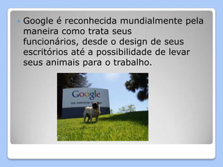   Google é reconhecida mundialmente pela
    maneira como trata seus
    funcionários, desde o design de seus
    escritórios até a possibilidade de levar
    seus animais para o trabalho.
 