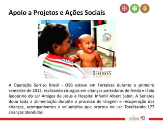 Apoio a Projetos e Ações Sociais




A Operação Sorriso Brasil - OSB esteve em Fortaleza durante o primeiro
semestre de 2012, realizando cirurgias em crianças portadoras de fenda e lábio
leoporino do Lar Amigos de Jesus e Hospital Infantil Albert Sabin. A Serlares
doou toda a alimentação durante o processo de triagem e recuperação das
crianças, acompanhantes e voluntários que ocorreu no Lar. Totalizando 177
crianças atendidas.
 